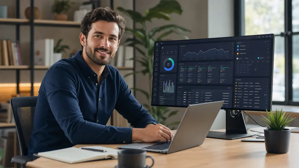 Vendedor usando o Griddus CRM em uma mesa de trabalho